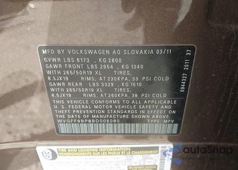 2011 Volkswagen Touareg Vr6 Lux from USA, damaged, VIN WVGFF9BP8BD005090